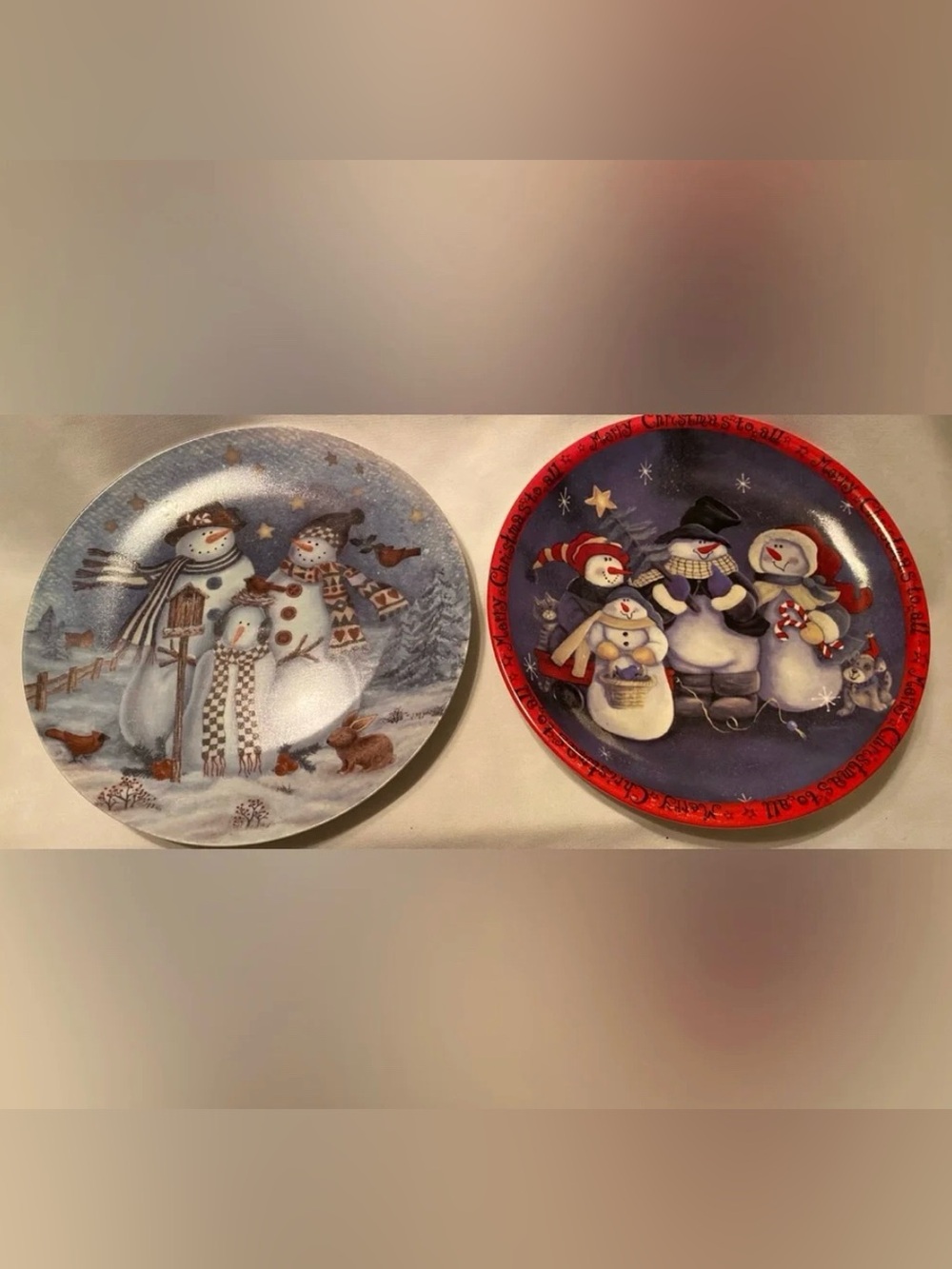 Vintage Set of 2 Snowman Plates - 1 Retired At Home 1 Cookie Plate Lovely